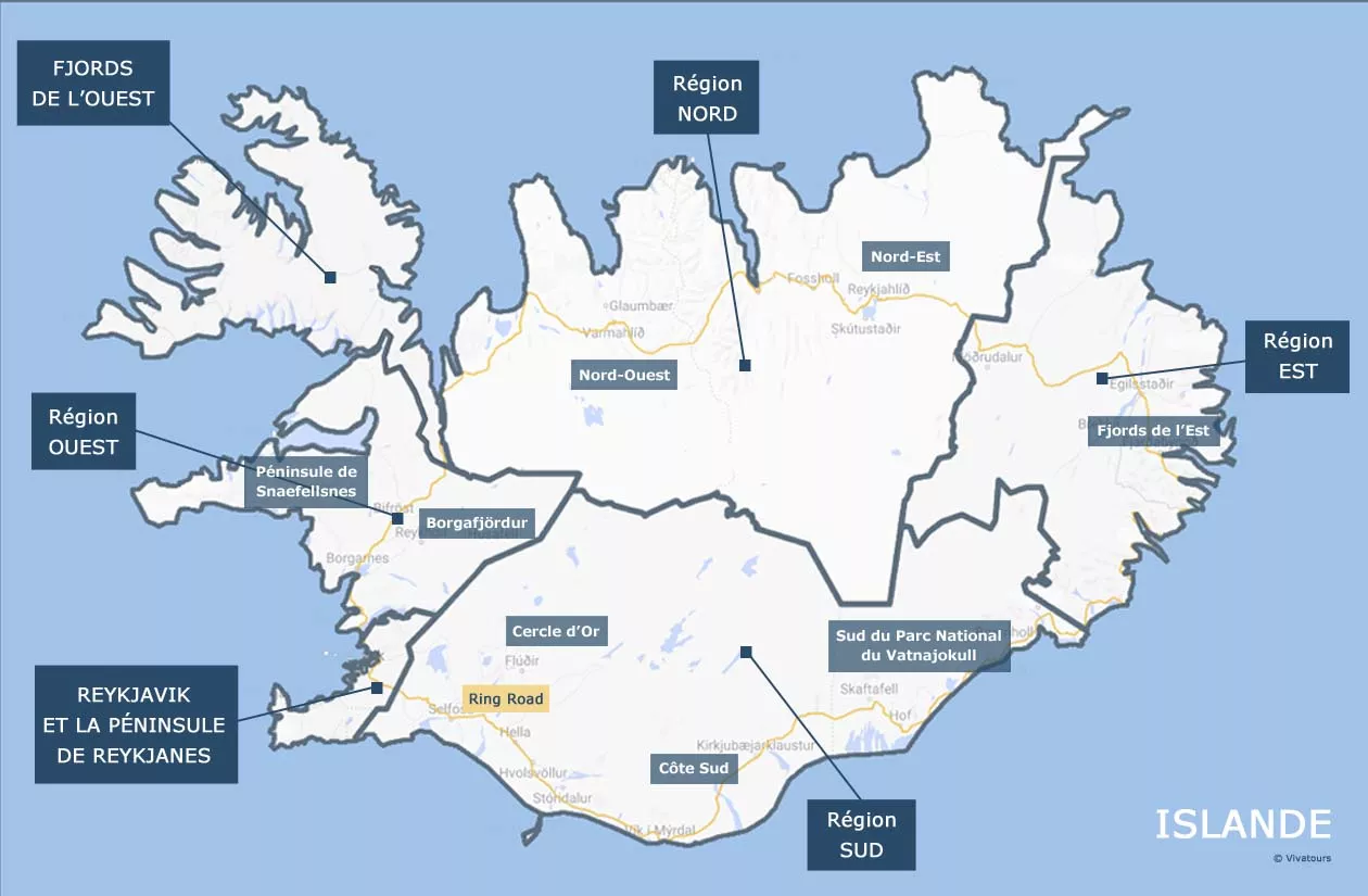 Carte des régions touristiques de l'Islande