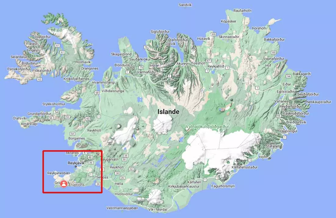Localisation des éruptions depuis décembre 2023 sur la Péninsule de Reykjanes en Islande